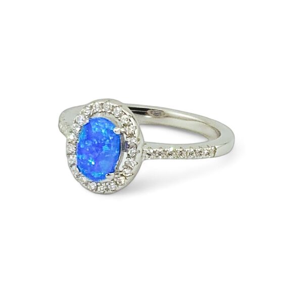 Sterling Silver 925 Blue Lab Opal and Clear CZ Oval Halo Ring - Picture 3 of 7